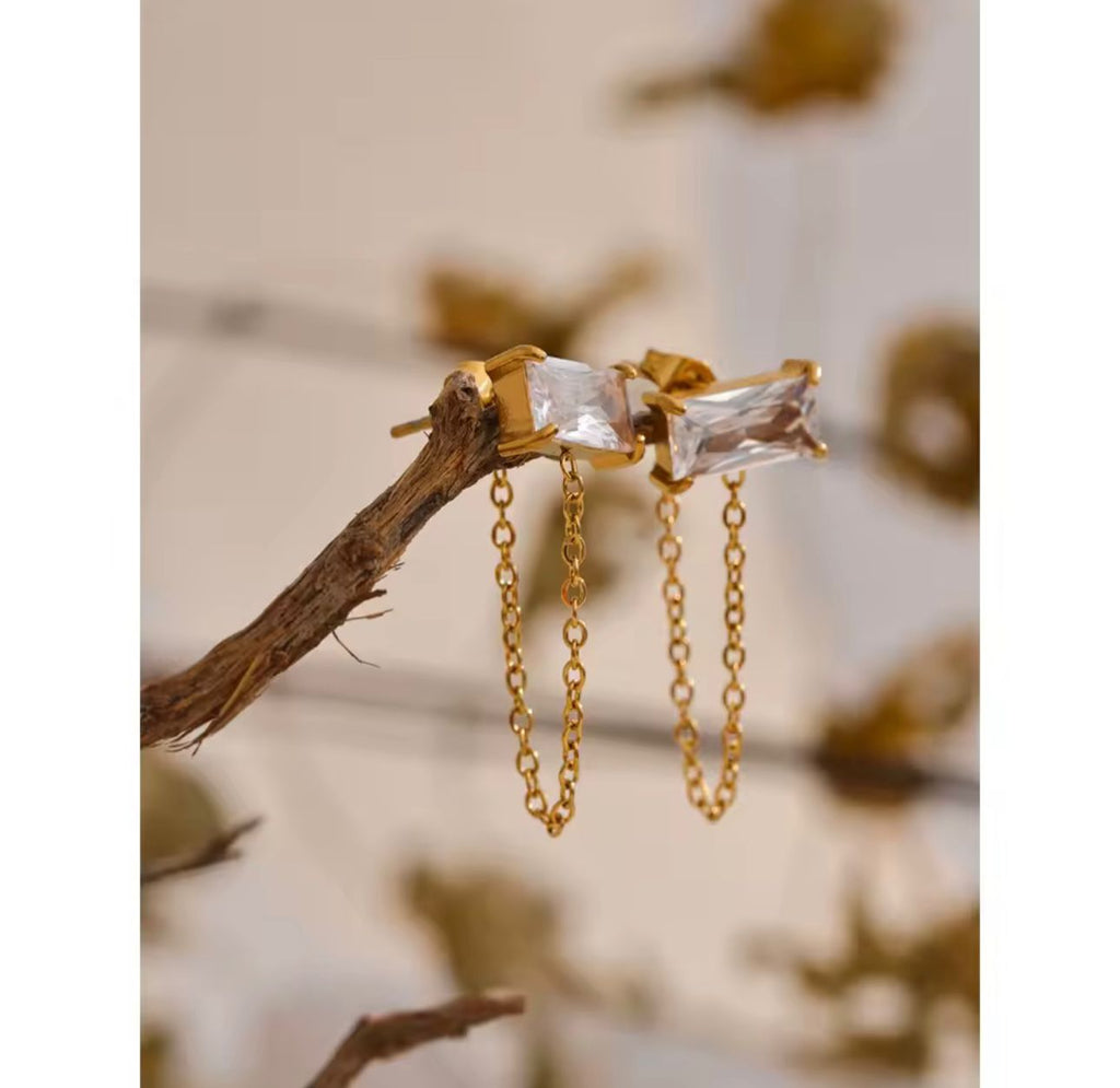 Aretes cristal cadena dorada acero inoxidable
